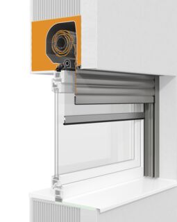 3D-Querschnitt eines Neubau-Rolladenkastens mit Insektenschutz