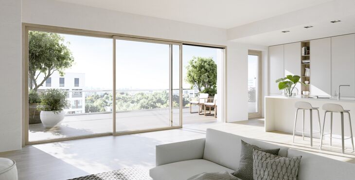 Blick auf Terrasse aus modernen hellem Wohnraum mit UNILUX Hebe-Schiebe-Element Interieur slim