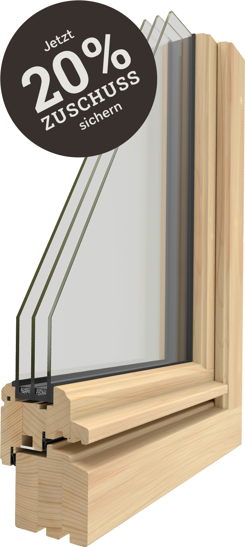 3D-Querschnitt UNILUX Holzfensterprofil schräg